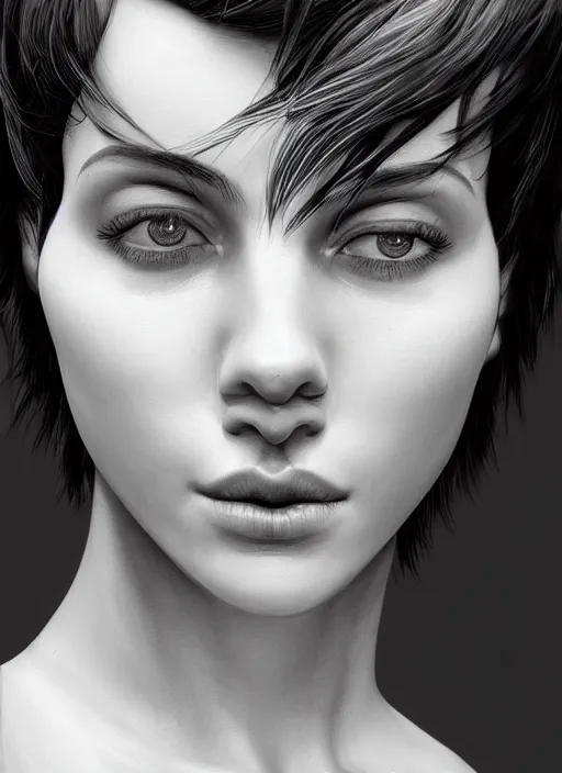 Image similar to up close portrait of a beautiful woman in black and white, photorealistic, pixie cut, intricate hair, rule of thirds, art by diego fazio and diegoKoi and oscar Ukono, concept art, sharp focus, artgerm, 8k highly detailed