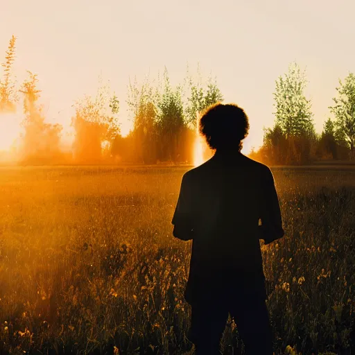 Prompt: a still of a 20's something man hippie standing in a large field of living plants. Magic hour, backlit, lens flare, smoke in the air.