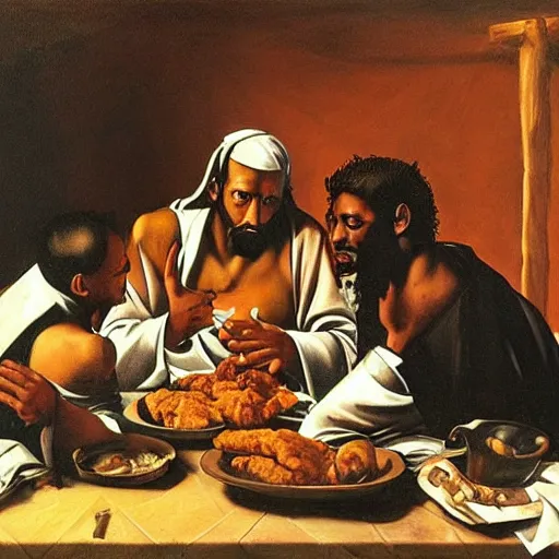 Prompt: black jesus eating fried chicken during the great war, oil painting, sacred art, illustration, caravaggio