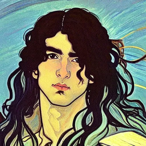 Image similar to painting of young handsome beautiful paladin elf! man with long wavy dark hair in his 2 0 s named shadow taehyung at the blueberry party, wearing armor!, elegant, clear, painting, stylized, delicate, soft facial features, art, art by alphonse mucha, vincent van gogh, egon schiele,