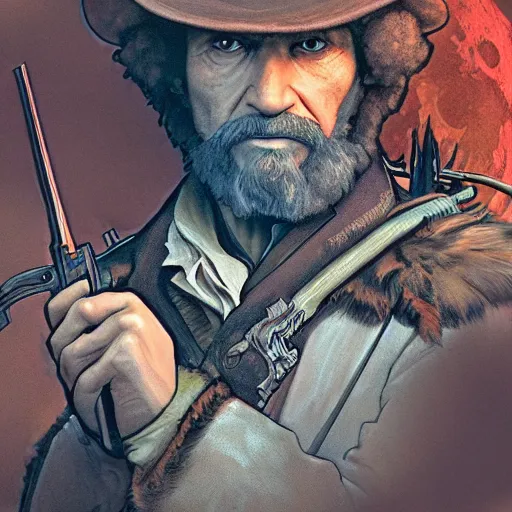 Prompt: an ultra detailed vector image of bob ross dressed as the hunter from bloodborne, concept art by alphonse mucha and greg rutkowski, praise the blood moon, octane render, cosmic horror, scary little trees