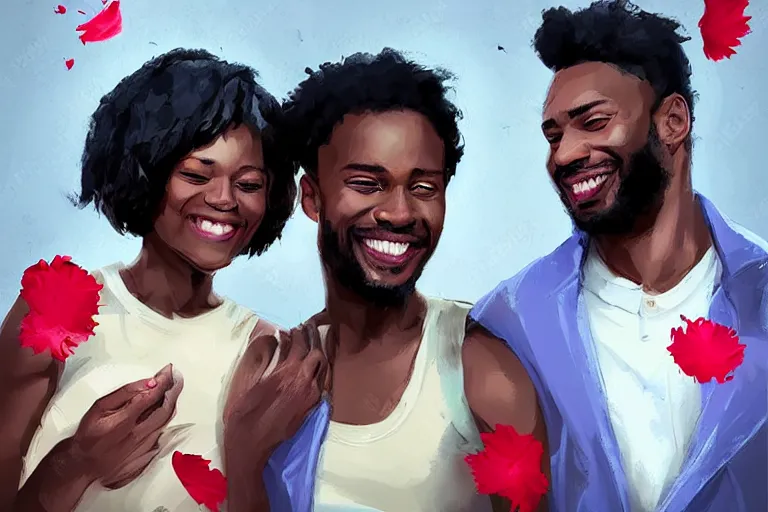 Prompt: portrait of a happy black couple posing together, holding hands surrounded by falling flower petals, digital painting by artgerm and face by wlop