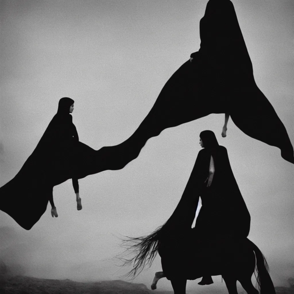 Prompt: A woman with a black mystical cloak is riding a dark horse from distance, Kodak TRI-X 400, melancholic
