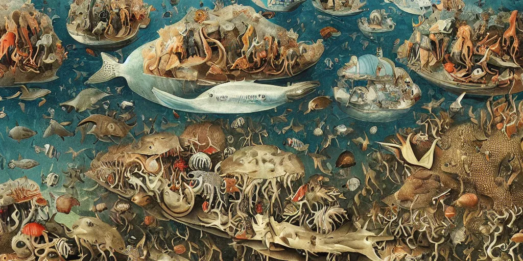 Prompt: thriving marine life in the style of heironymus bosch, beautiful intricate masterpiece, hyper detailed, hd