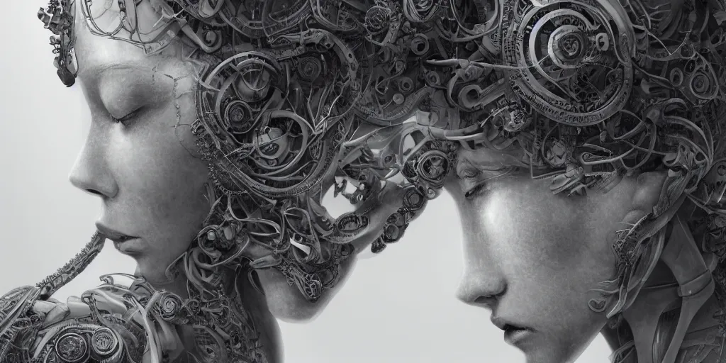 Image similar to hyperrealistic photography of a highly intricate, stunning, beautiful, perfect cyborg female, elbow, knee, intimate, hand holdings, in the style of beth cavener, jin kagetsu,, and wlop, highly detailed, face, eyes closed, symmetry, masterpiece, award - winning, sharp focus, concept art, ambient lighting, 8 k, artstation