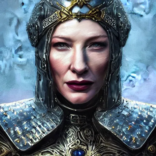 Prompt: portrait of cate blanchett as a warrior woman, looking at camera, d & d, choker on neck, stylish armor, intricate, elegant, stylish, fierce look, fantasy, extremely detailed, digital painting, artstation, concept art, smooth, sharp focus, illustration, stunning lighting, art by artgerm and simon stalenhag