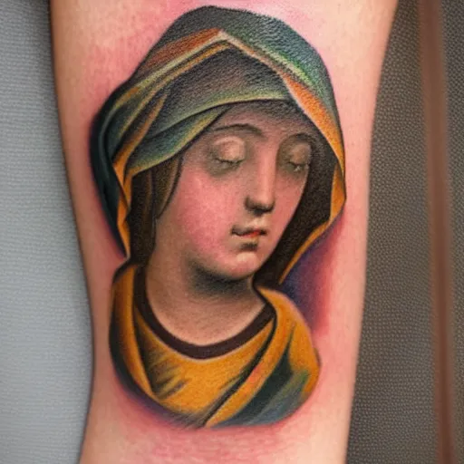 Prompt: tattoo of Renaissance painting of the black Madonna