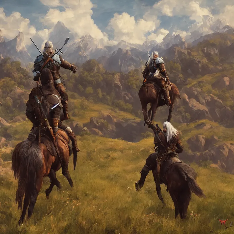 Prompt: witcher 3 the wild hunt riding in naglfar, in the style of fernando amorsolo drawings, artistic, highly detailed, 8 k, landscape