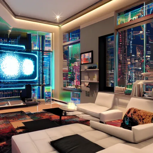 Prompt: a cyberpunk themed living room