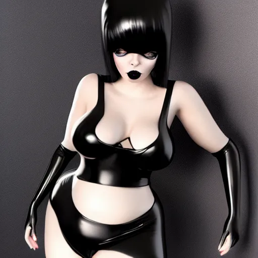 Image similar to curvy feminine goth bombshell in an elaborate polished black-silver latex outfit, thin waist, cgsociety, photorealistic, sublime ambience, idealistic, 16k, smooth, sharp focus, trending on ArtStation, volumetric lighting