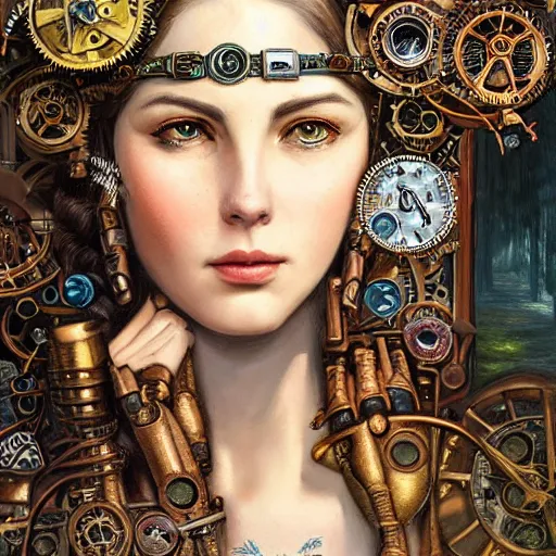 Prompt: Head and shoulders masterpiece portrait of Lana Rhoades as a steampunk beautiful goddess, she half human and half robot, she is embellished with few gears wheels and gemstones, by William Holman Hunt, Greg Rutkowski, Stanely Artgerm, Tooth Wu, Peter Gric, Aaron Horkey, trending on Artstation, digital art, mythological, symmetrical artwork, cinematic lighting, hyper realism, high detail, octane render, ultra realistic, golden ratio, 4k, 8k