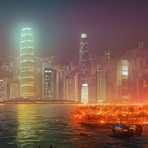 Prompt: ultra photorealistic film still of hong kong skyline. sparkling lights, wide shot, frog perspective, ultra sharp, wes anderson, studio ghibli, pixar and disney animation, octane render, anime key art by greg rutkowski, bloom, dramatic lighting,