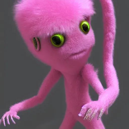 Image similar to fuzzy pink alien, photorealistic 3 d render