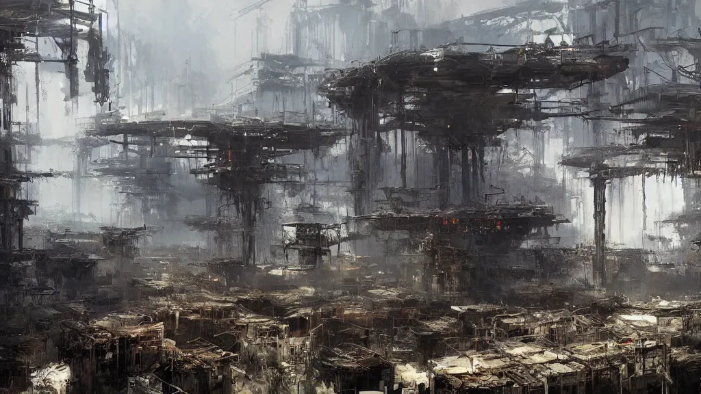 Image similar to post - apocalyspe settlement with houses, hydroponic farms, painted by tsutomu nihei, painted by craig mullins, painted by greg rutkowski