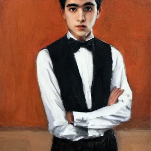 Prompt: 1 6 year old black suit white shirt, black bowtie, black haired royal garment man, determined, fearless, sharp looking portrait, oil painting