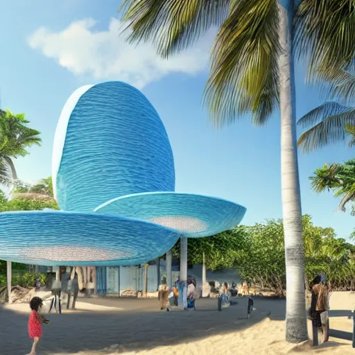 Image similar to architectural renderings, a seaside visitor center consisting of three mushroom - shaped buildings on the blue sea with tall coconut trees ， detailed