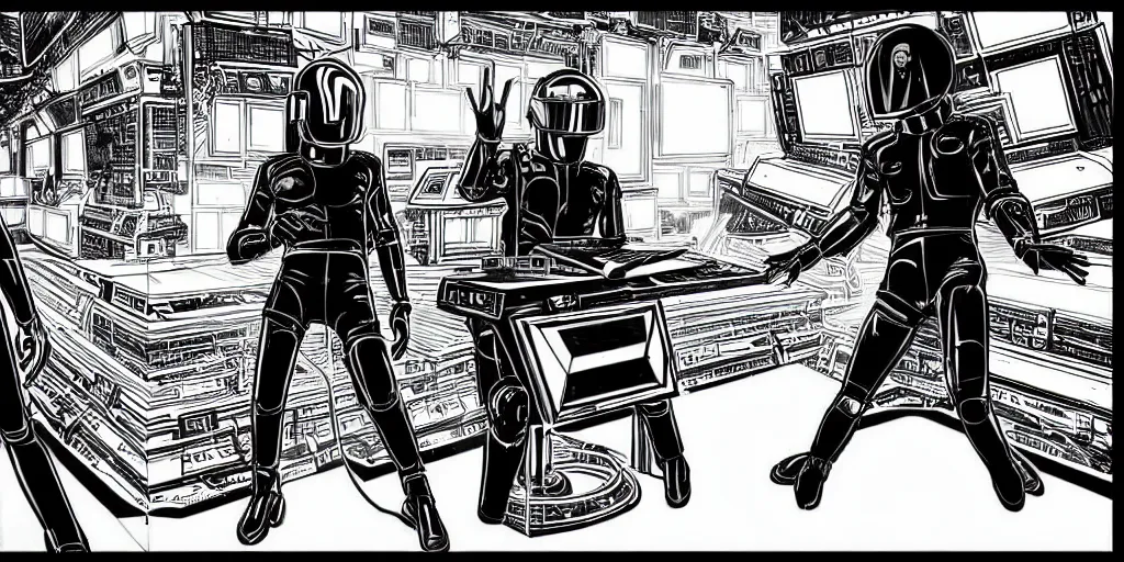 Image similar to detailed black ink manga artwork of 2 Daft Punk robot rock using Apple notebook Macbook at an underground warehouse rave in Ibiza, playing techno house music, thousands of beautiful girls in bikini dancing, in the style of manga illustration, wires, speakers, black and white ink