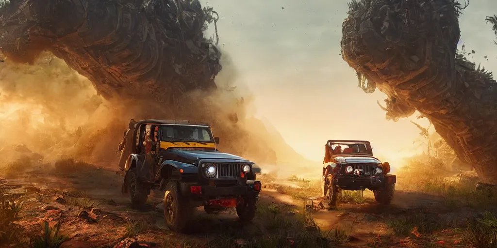 Image similar to Mahindra thar, furious chasing, action scene, an epic fantasy, dramatic lighting, cinematic, establishing shot, extremely high detail, photorealistic, cinematic lighting, matte painting, artstation, by simon stalenhag, Uncharted 4: A Thief's End