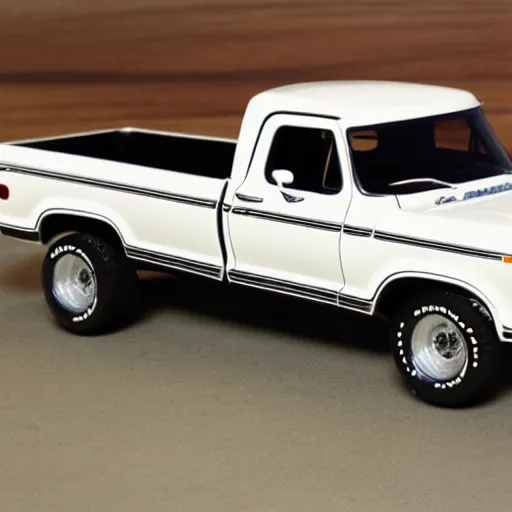 Image similar to Photorealistic 1979 black ford f100 sidestep pickup truck with factory white pin striping