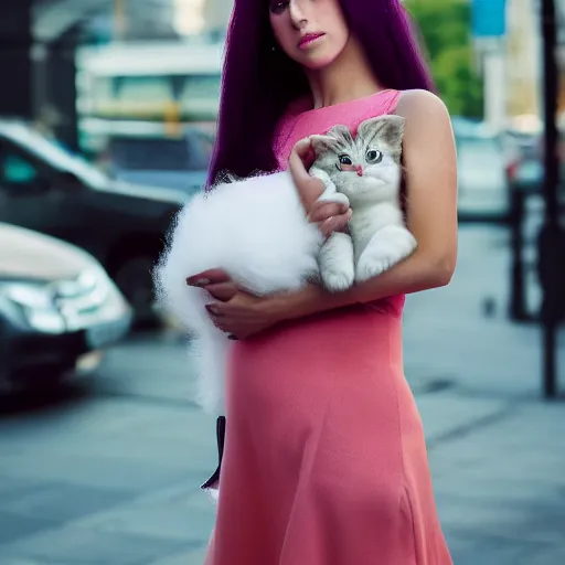 Prompt: A Full body photo of a beautiful girl with long dark pink hair waiting at a crowded bus stop, wearing a puffed Turquoise dress and high heels, holding a white fluffy kitten, fashion photography, hyperrealistic, highly detailed, highly focused, depth of field, High definition, 8k, octane render, artstation