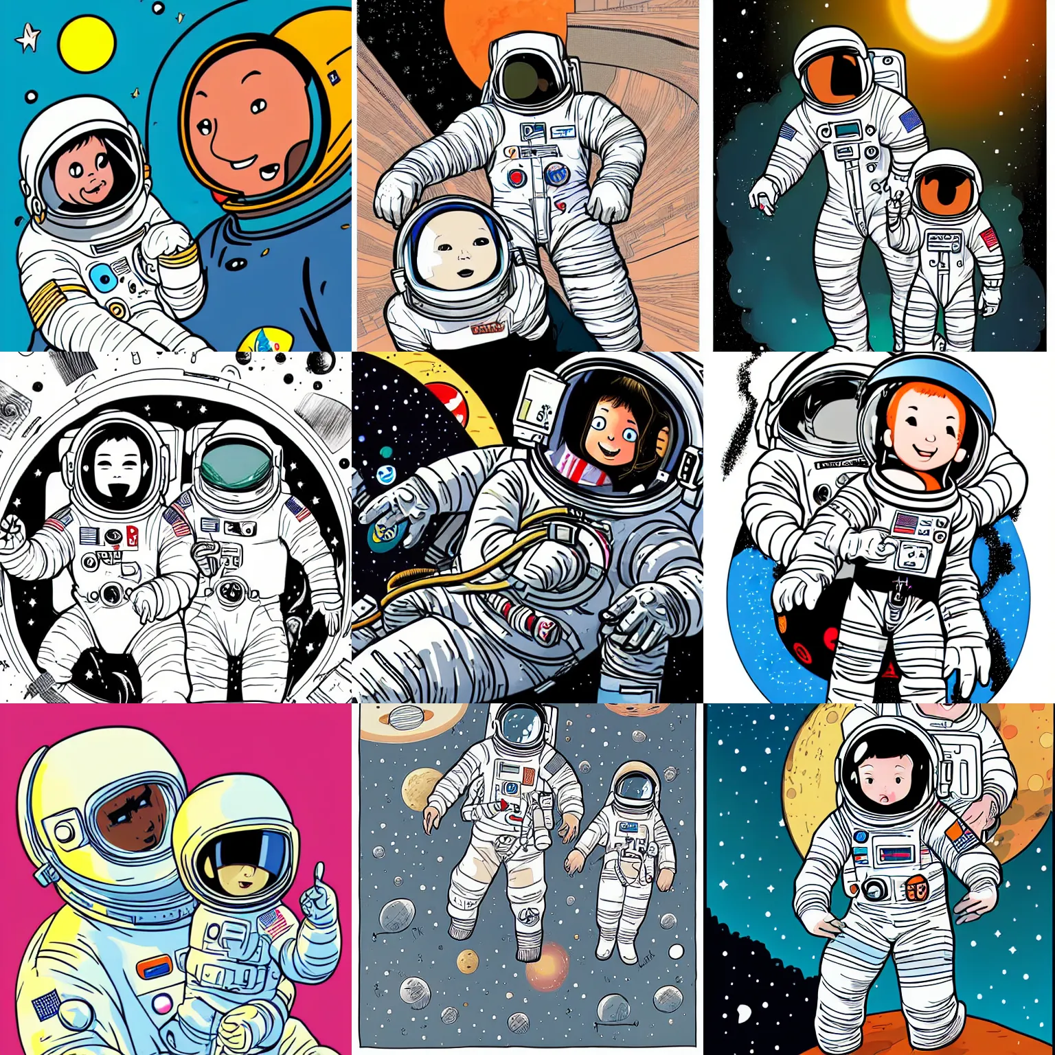 Prompt: an astronaut father and his toddler daughter, fully space suited, cartoon, illustration, comic, vector art, kim jung gi