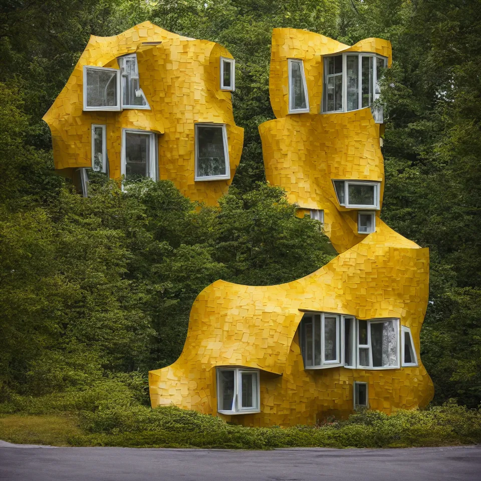 Prompt: a tiny tiny house in clearing, designed by Frank Gehry. Tiles. Film grain, cinematic, yellow hue