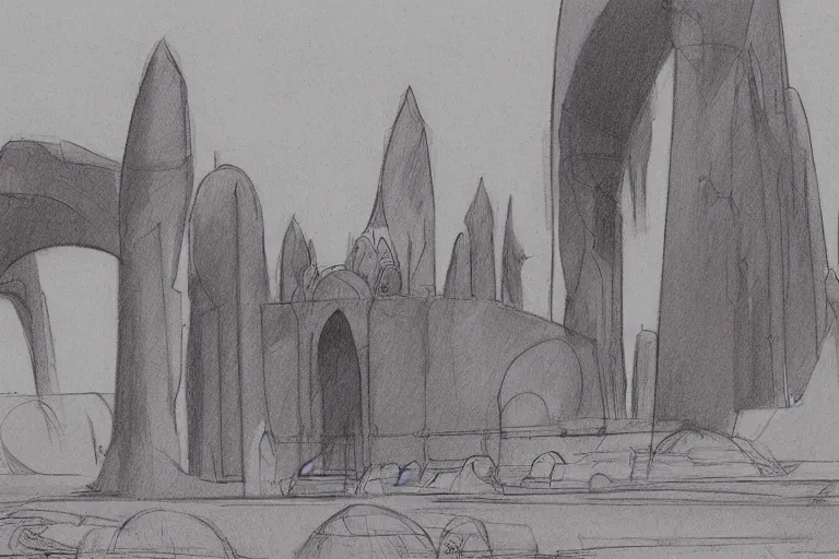 Image similar to desert palace concept sketch by joe johnston and nilo rodis - jamero and ralph mcquarrie and norman reynolds