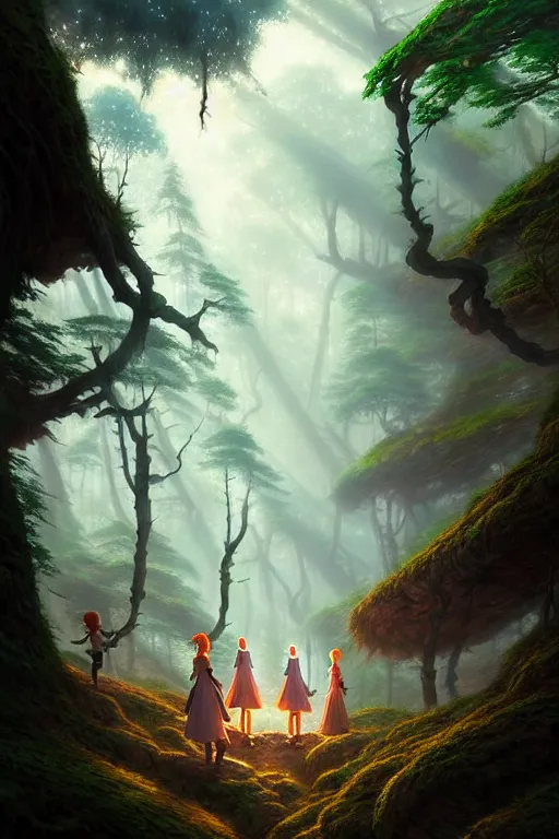 Image similar to a highly detailed matte painting of a group of young adventurers exploring elven ruins in a mystical forest, by studio ghibli, by artgerm, by wlop, by greg rutkowski, red tones, volumetric lighting, octane render, 4 k resolution, trending on artstation, masterpiece