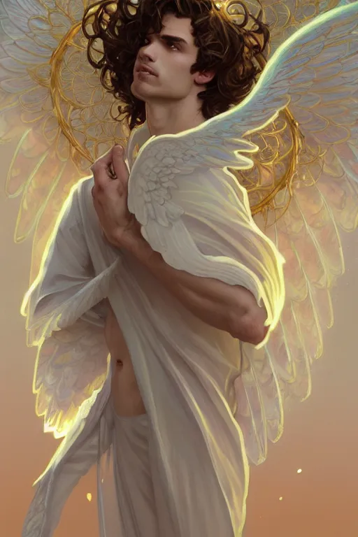 Image similar to full figure beautiful young fit male angel with curly blond hairs, dressed with fluent clothes, majestic wings, luminous halo, by greg rutkowski and alphonse mucha, d & d character, gradient white to gold, in front of an iridescent background, highly detailed portrait, digital painting, artstation, concept art, smooth, sharp focus illustration, artstation hq