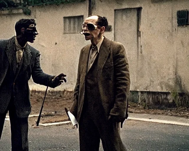 Image similar to in this creepy scene from the hbo miniseries / the outfit /, a supernatural mafia crime thriller about magical monster - hunting mafiosi in 9 0 s philadelphia, we see a man transformed into a strange monstrous ephemeral spirit of rage. hd 8 k film photography, richard corben and cronenberg - esque.