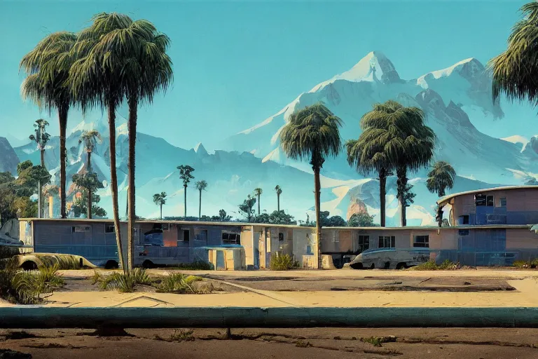 Prompt: natural american landscape | abandoned motel | palm trees | snowy mountains, painting by syd mead and weta studio and moebius and james jean and frank frazetta, highly detailed, rule of third, soft lighting, 8 k resolution, oil on canvas, architectural magazine, beautiful detailed, insanely intricate details, artstation trending, hypermaximalistic, high details, cinematic