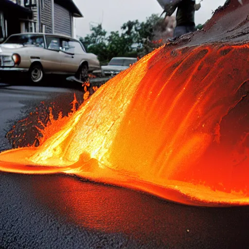 Image similar to molten lava flowing down a suburban street in America. Photo by Annie Liebowitz