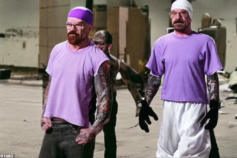 Image similar to walter white as a white gang member wearing a purple head covering made from a polyester or nylon material and a stained white tank top beating up a rival gang member in the prison yard, arms covered in gang tattoo, paparazzi, leaked footage, uncomfortable, bad quality