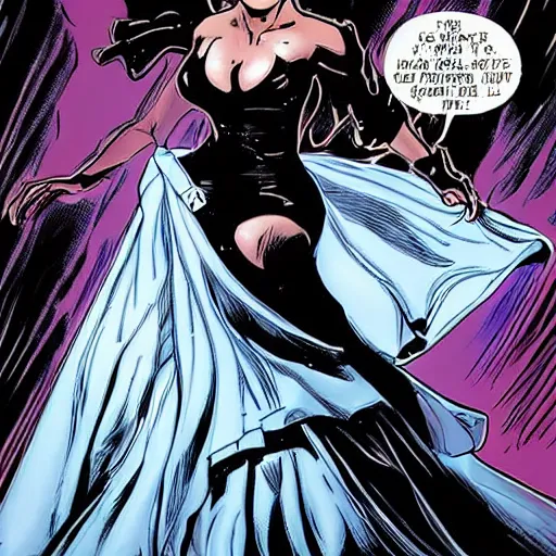 Prompt: in the style of rafael albuquerque comic art, lucy lawless saving the day in a wedding dress.