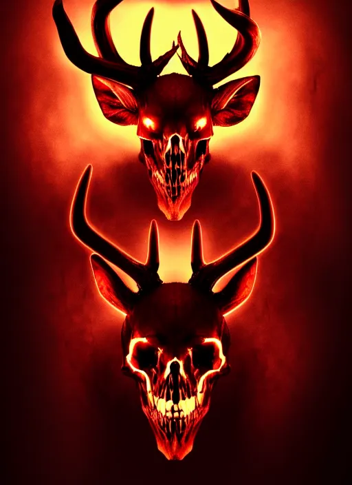 Image similar to demon in the pits of hell with a deer skull as head, ember glowing in eye sockets, headshot photo, character concept, dark souls concept art, Feng Zhu concept art, dramatic lighting, highly stylized, trending on artstation, high-quality wallpaper, desktopography