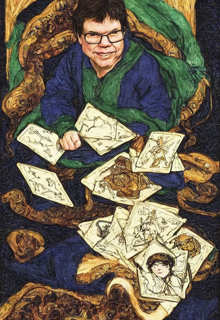 Image similar to Yann LeCun smiling on the Rider–Waite tarot. Illustration by preraphaelists.