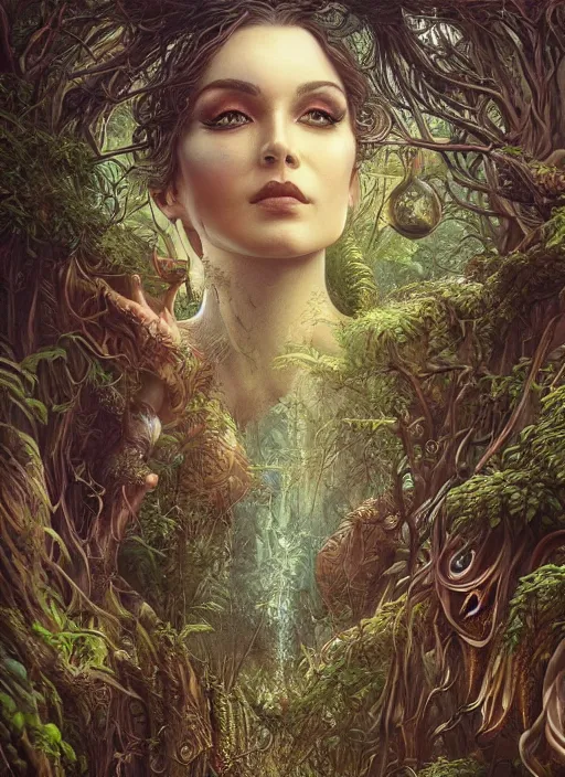 Image similar to natural city in the trees, intricate jewelry, trending on artstation 4 k, high quality, in the style of karol bak and tom bagshaw, tattoos