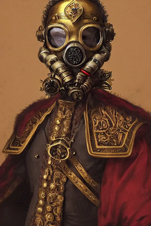Prompt: portrait, headshot, digital painting, of a 17th century, regal, old, middle eastern, decadent, cyborg nobleman, gasmask, amber jewels, baroque, ornate dark red opulent clothing, scifi, futuristic, realistic, brass, hyperdetailed, concept art, chiaroscuro, Frans Hals style