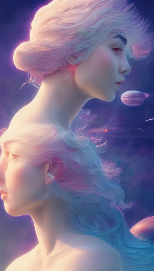 Prompt: a beautiful goddesses, profile, planets, sky, dream, highly detailed, digital painting, refreshing, trending on artstation, octane render, hyper realistic, illustration by james jean