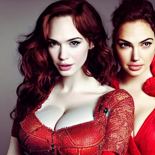 Image similar to portrait of christina hendricks and gal gadot and kate upton hybrid by mario testino, headshot, detailed, award winning, sony a 7 r