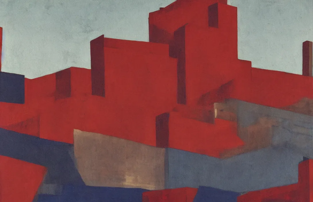 Image similar to a painting in the style of Oscar Florianus Bluemner, a woman in a red dress floats over dark factories