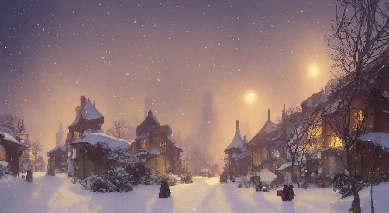 Prompt: A beautiful landscape painting of a small village in the snow at night with smoke rising from the chimneys by Alfons Maria Mucha and Julie Dillon and Makoto Shinkai