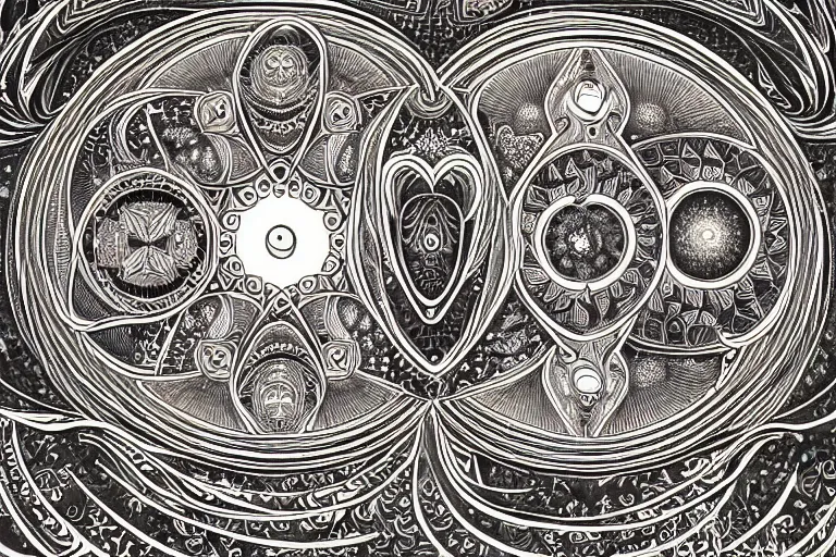 Image similar to an ornate illustration in the styles of mandalas and fractals, the styles of escher and penrose, depicting a weasel staring deep into the heart of the impossible all - and - nothing of the emerging technological singularity ; / what has god wrought? / he seems to be whispering.