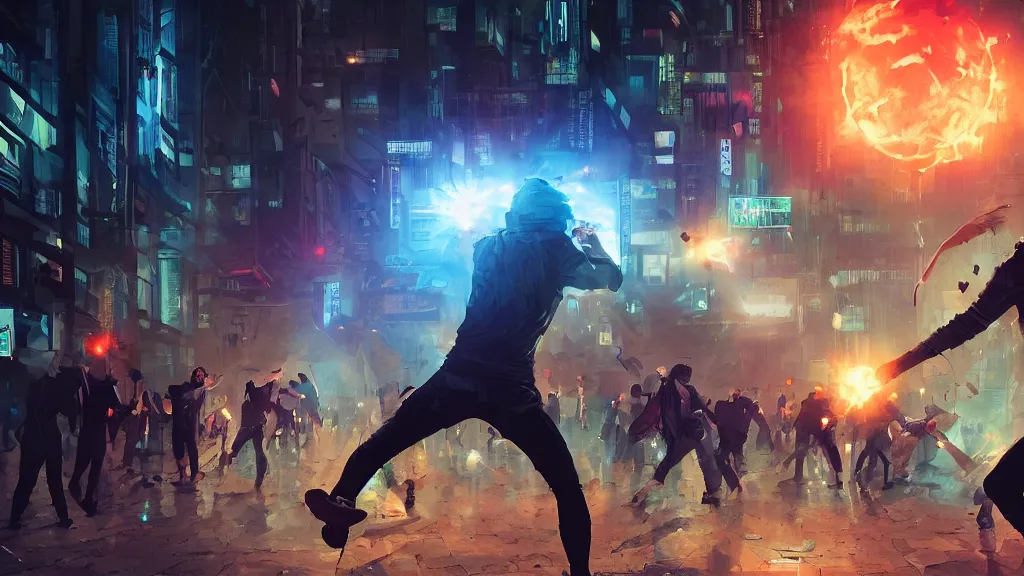 Image similar to angry protester throwing a rock, digital illustration by greg rutkowski, android netrunner, nighttime, cyberpunk city backgrounds, colored lighting