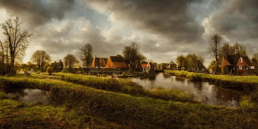 Image similar to a beautiful landscape photo of a dutch village in the Hoeksche Waard, cinematic atmosphere