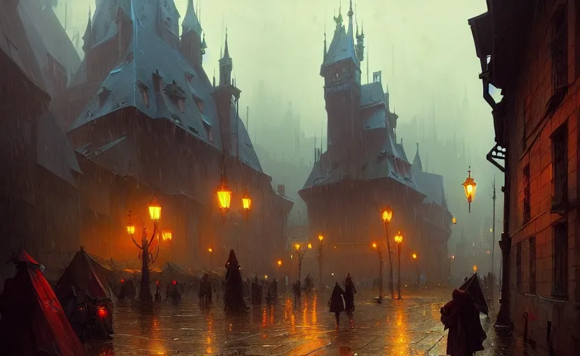 Image similar to a medieval city with rainy and moody cinematic lighting by darek zabrocki and greg ruthkowski, alphonse mucha, simon stalenhag and cinematic and blue cold atmospheric, concept art, artstation, trending on artstation