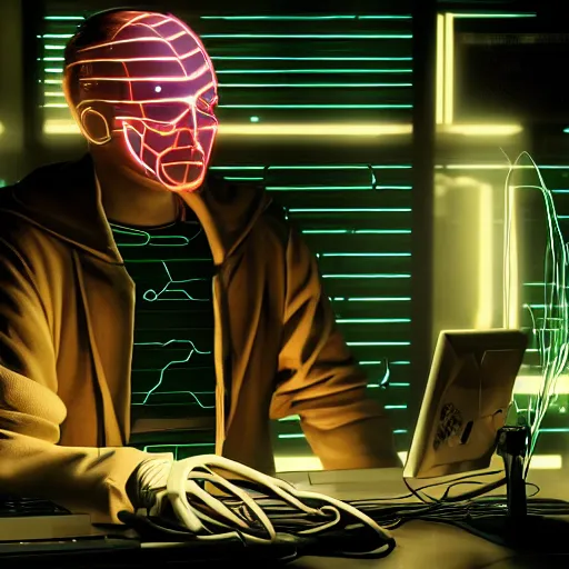 Prompt: a man sitting in front of a computer screen, glow on face, connected with wires to computer, https://i.ibb.co/Wz2Fw91/sebastian-szmyd-vhs-cyberpunk-2.jpg