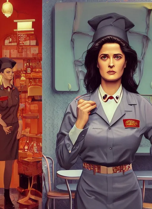 Prompt: Twin Peaks poster artwork by Michael Whelan and Tomer Hanuka, Karol Bak, Rendering of Salma Hayek working at the local diner, wearing rr diner uniform, from scene from Twin Peaks, full of details, by Makoto Shinkai and thomas kinkade, Matte painting, trending on artstation and unreal engine