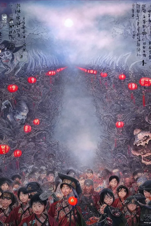 Image similar to 中 国 鬼 节, long procession of the dead is queuing up on the naihe bridge. psychedelic lights and fog, zdzislaw, ayami kojima, yamamoto, barclay shaw, karol bak, hyperrealist, 8 k