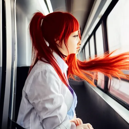 Image similar to A cute anime girl with red hair in a pony tail, she is riding the train to work early in the morning.